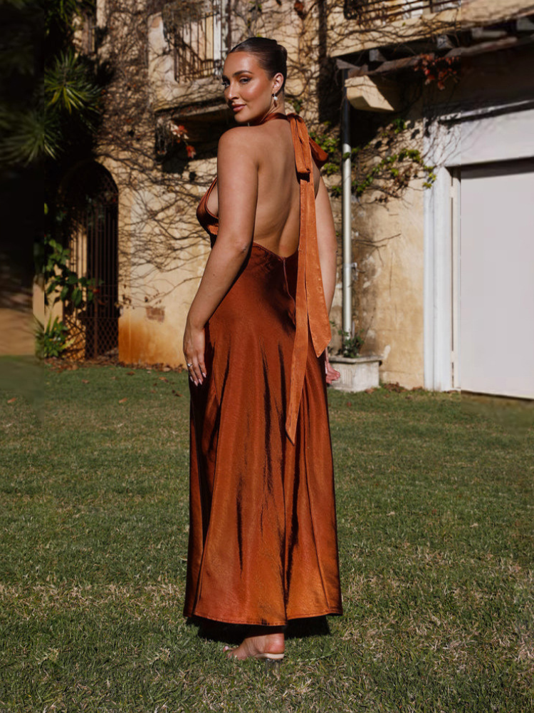 Robe longue satin terracotta
