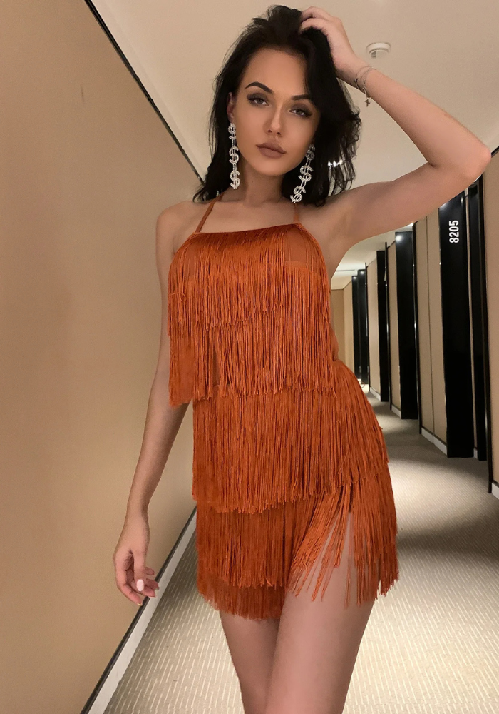 Robe dos nu terracotta a franges