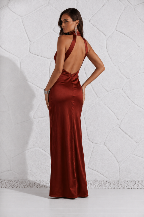 Robe habillée terracotta satinée de dos