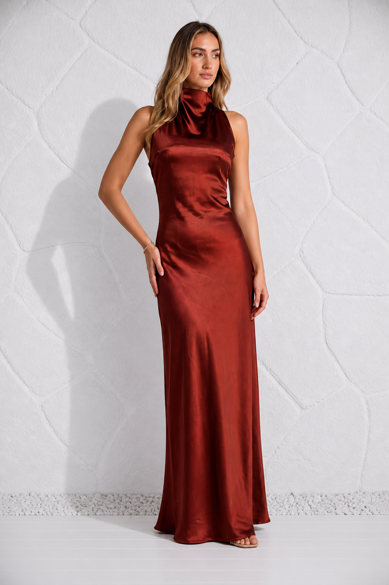 Robe habillée terracotta satinée longue