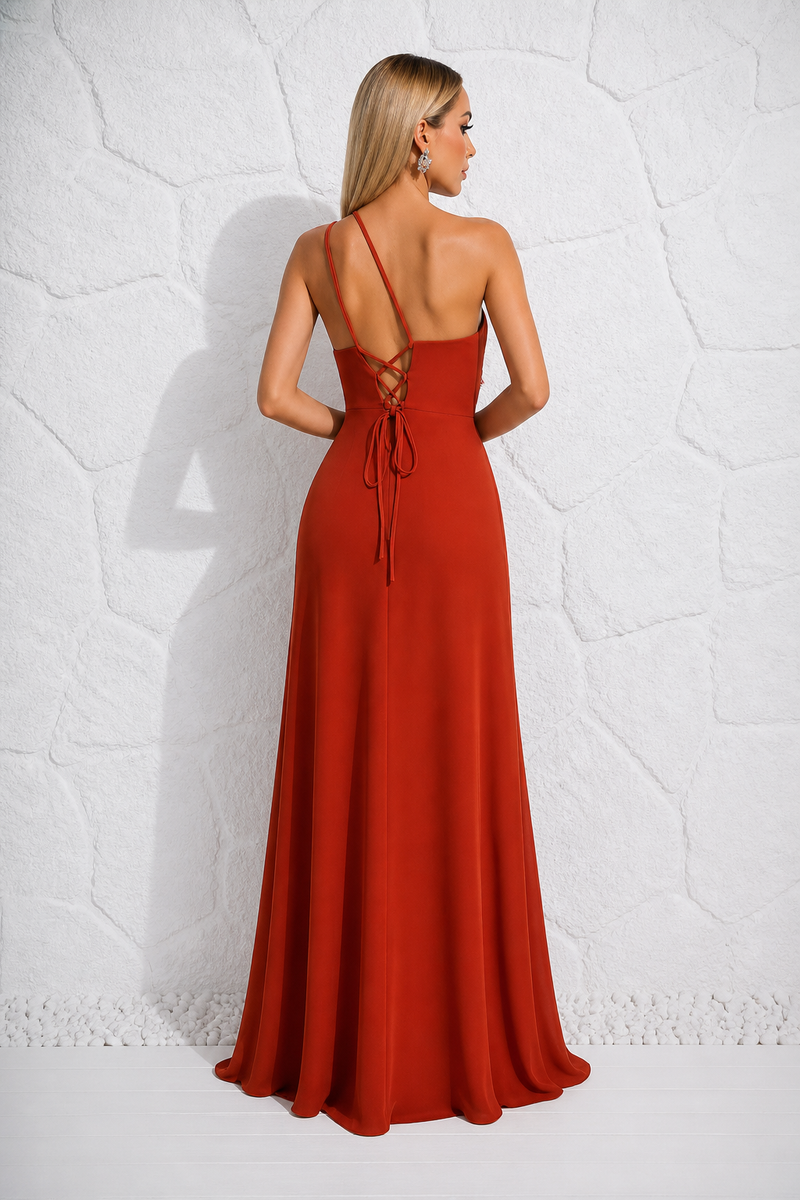 Robe longue dos nu terracotta de dos