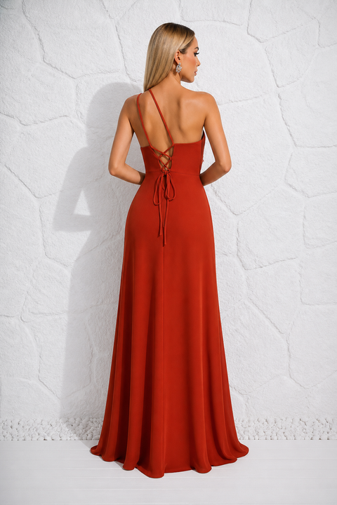 Robe longue dos nu terracotta de dos