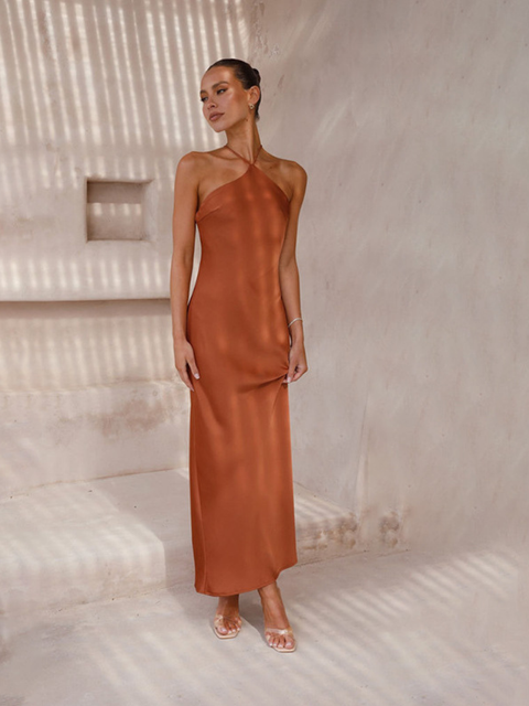 Robe terracotta cocktail mi-longue femme