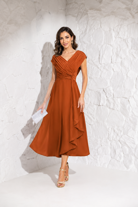 Robe midi terracotta à manche courte