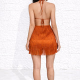 Robe dos nu terracotta à franges