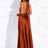 Robe longue satin terracotta