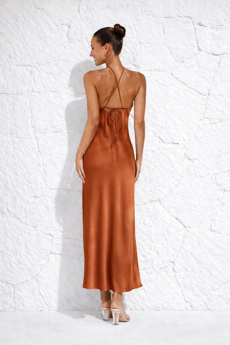 Robe terracotta cocktail mi-longue
