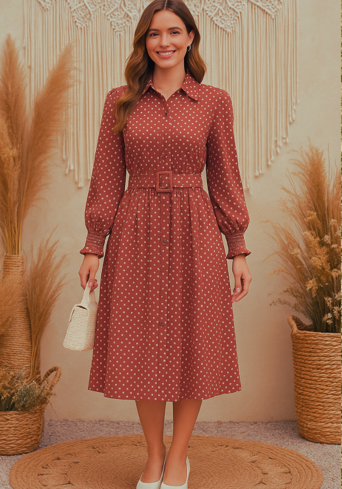Robe rétro terracotta à pois